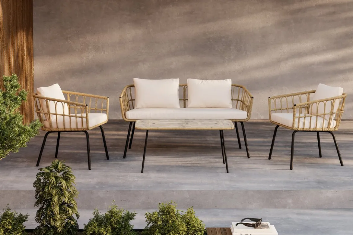 Garten Loungeset Arima – aus Rattan & Metall mit Glasplatte