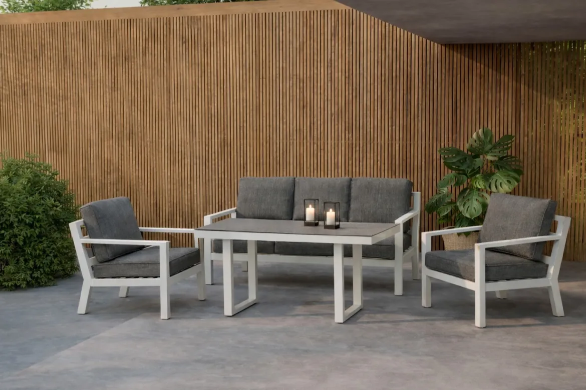 Garten Loungeset Jenni – in Weiß & Grau mit Glasplatte