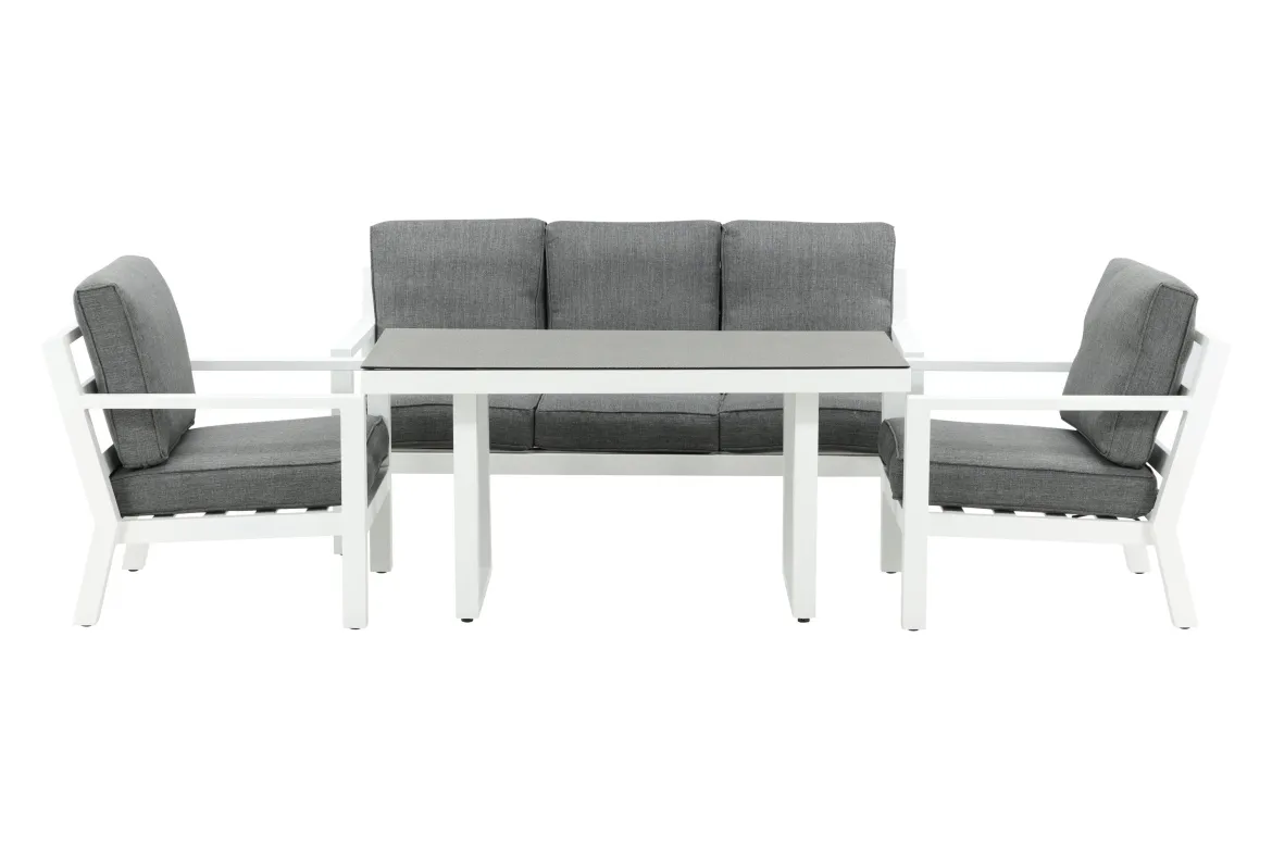Garten Loungeset Jenni – in Weiß & Grau mit Glasplatte