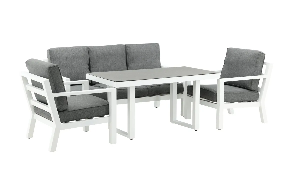 Garten Loungeset Jenni – in Weiß & Grau mit Glasplatte
