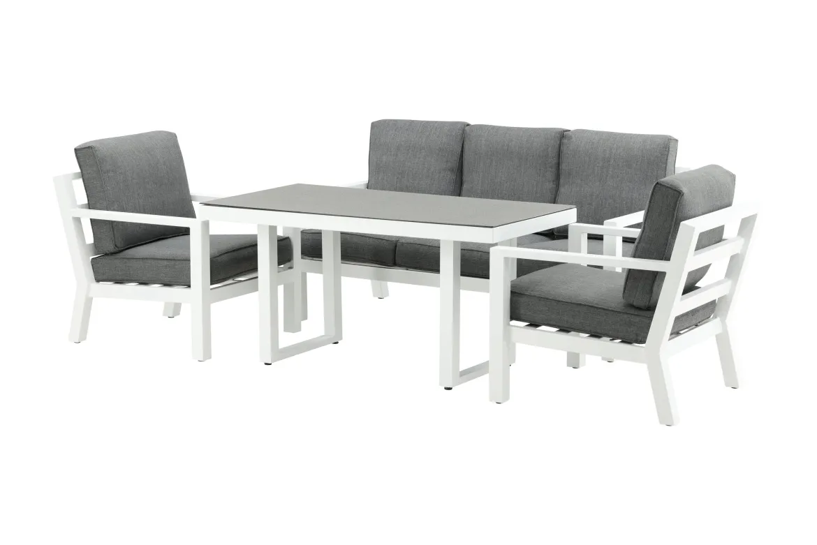 Garten Loungeset Jenni – in Weiß & Grau mit Glasplatte