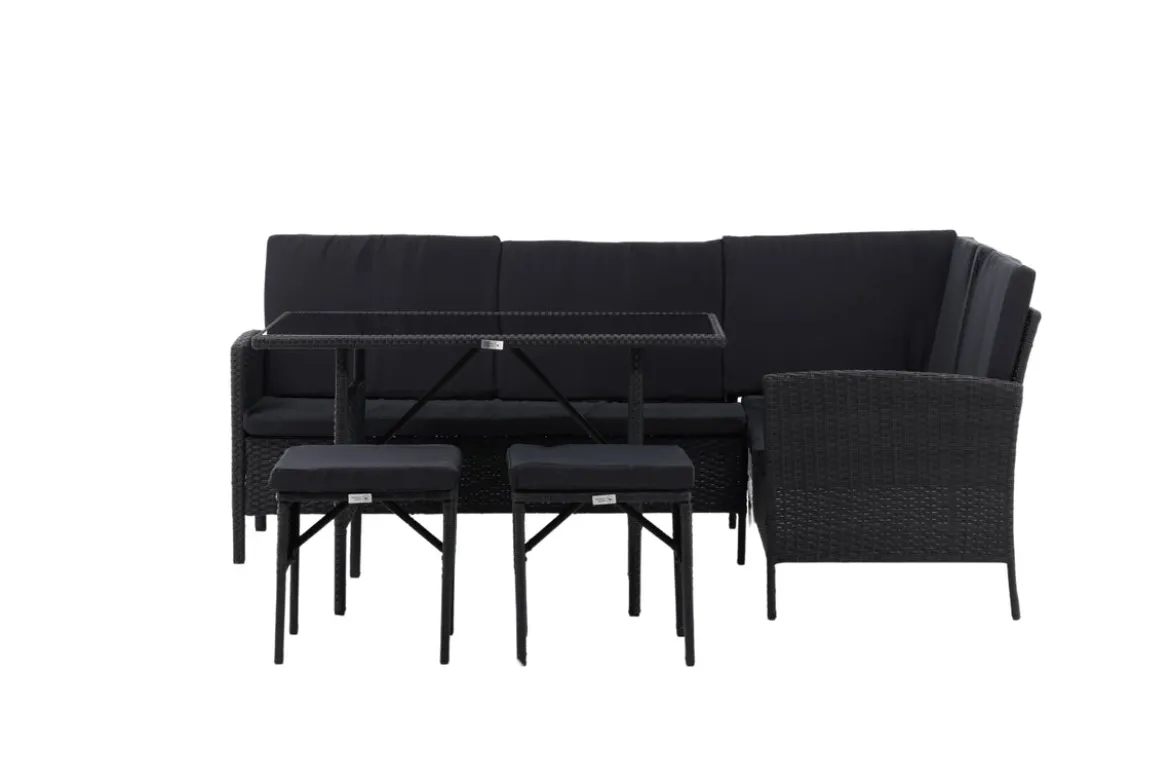 Garten Loungeset Jess – 5-teilig aus schwarzem Kunstrattan mit Glastisch