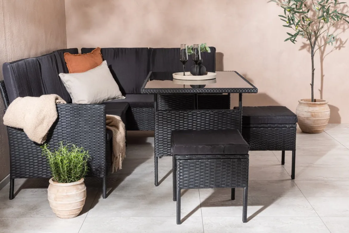 Garten Loungeset Jess – 5-teilig aus schwarzem Kunstrattan mit Glastisch