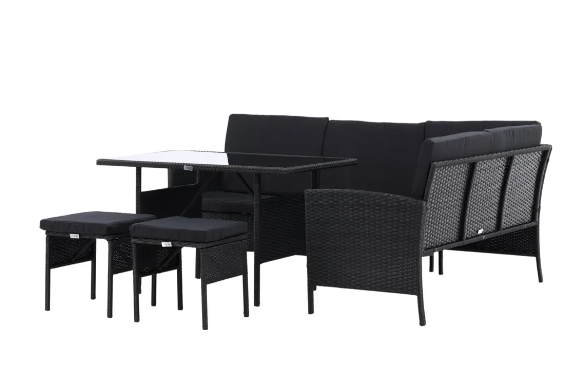 Garten Loungeset Jess – 5-teilig aus schwarzem Kunstrattan mit Glastisch
