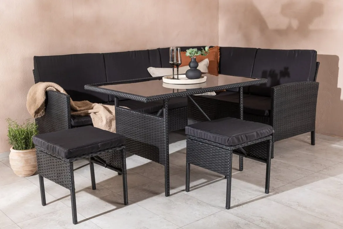 Garten Loungeset Jess – 5-teilig aus schwarzem Kunstrattan mit Glastisch