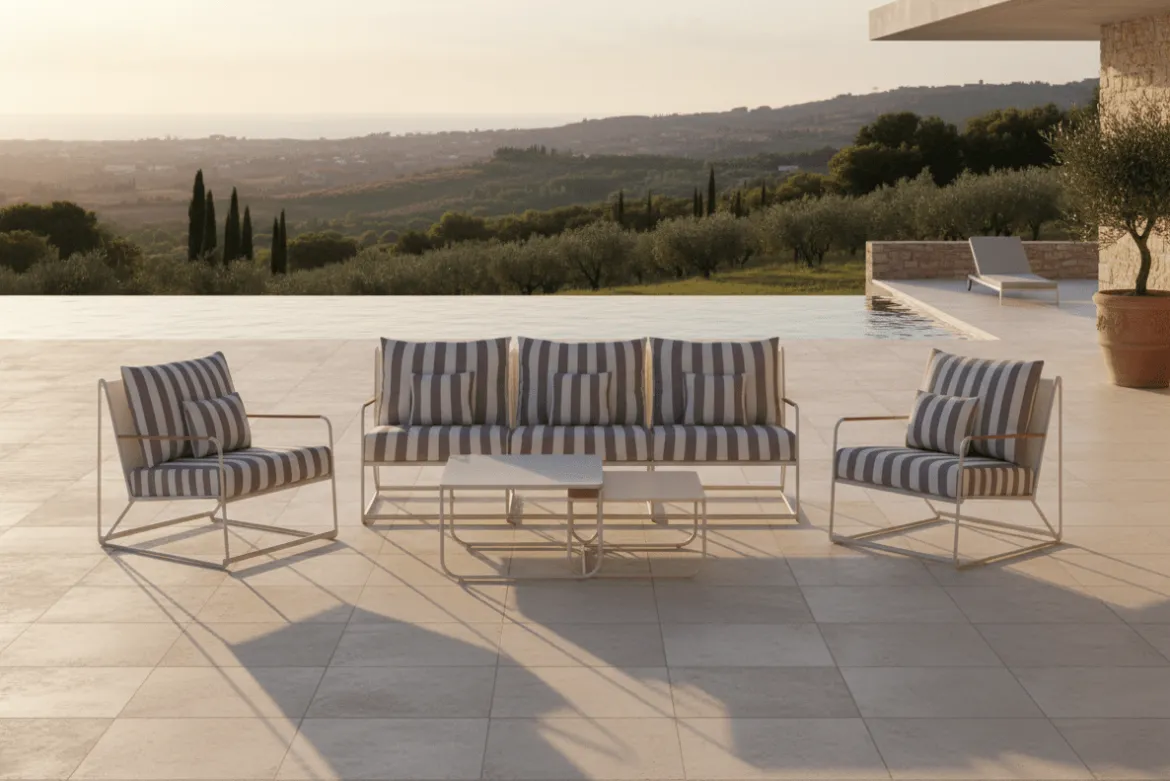Garten Loungeset Karo – 5-teiliges Set mit beige-gestreiften Kissen
