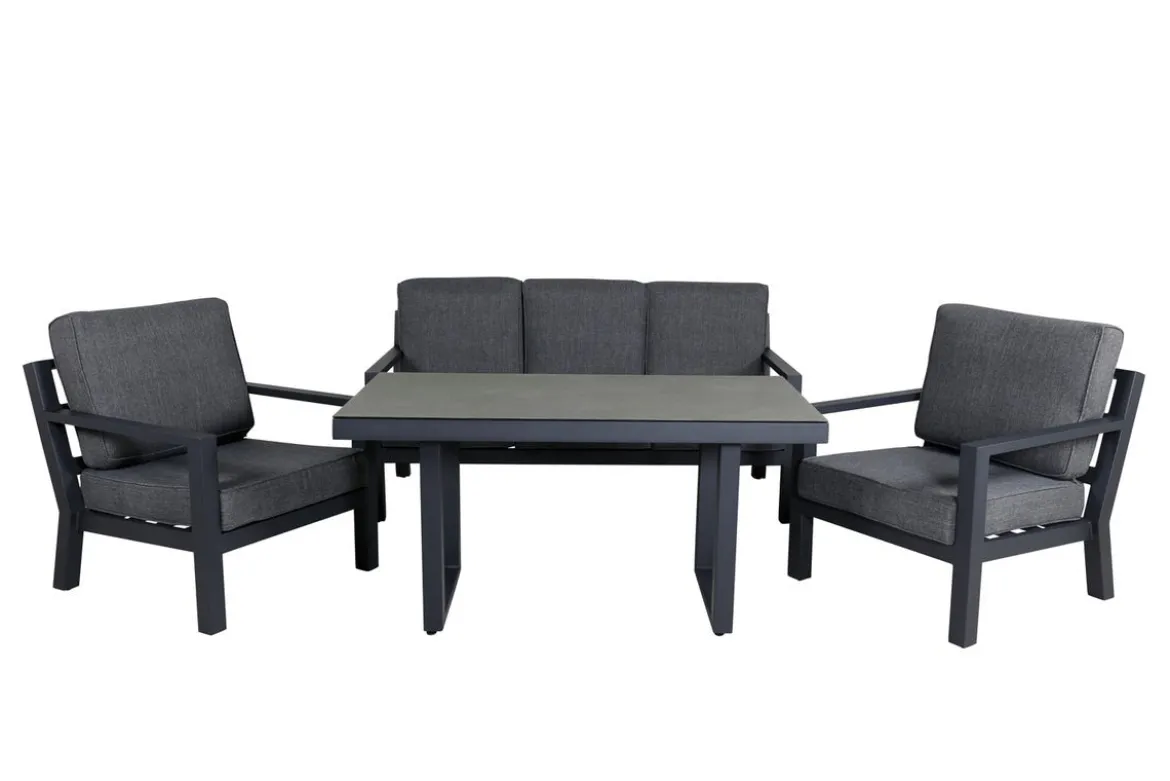 Garten Loungeset Kreta – 4-teiliges Set mit Tisch & dunkelgrauen Kissen