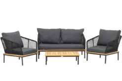 Garten Loungeset Malina – mit Holzdetails, geflochtenem Seil & grauen Kissen