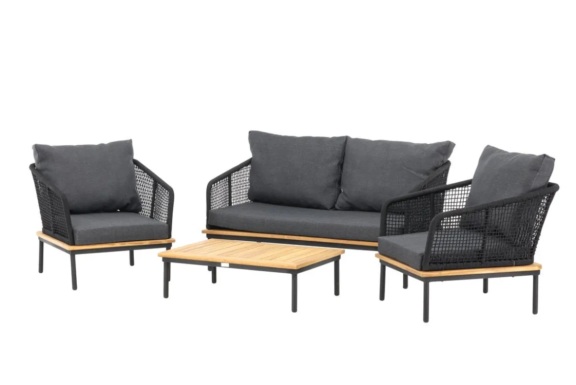 Garten Loungeset Malina – mit Holzdetails, geflochtenem Seil & grauen Kissen