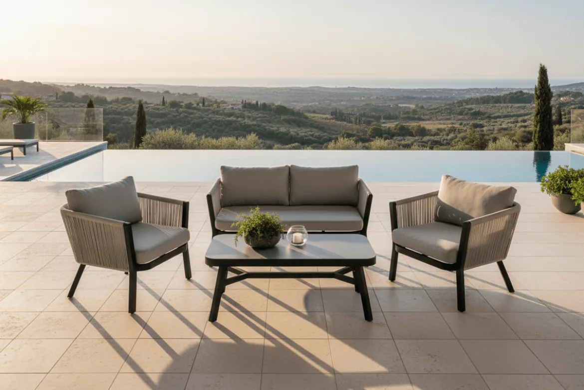 Garten Loungeset Mira – 4-teiliges Set mit grauer Glasplatte