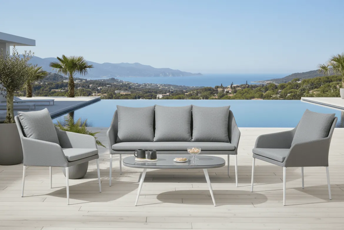 Garten Loungeset Morena - in Weiß mit grauem Stoff