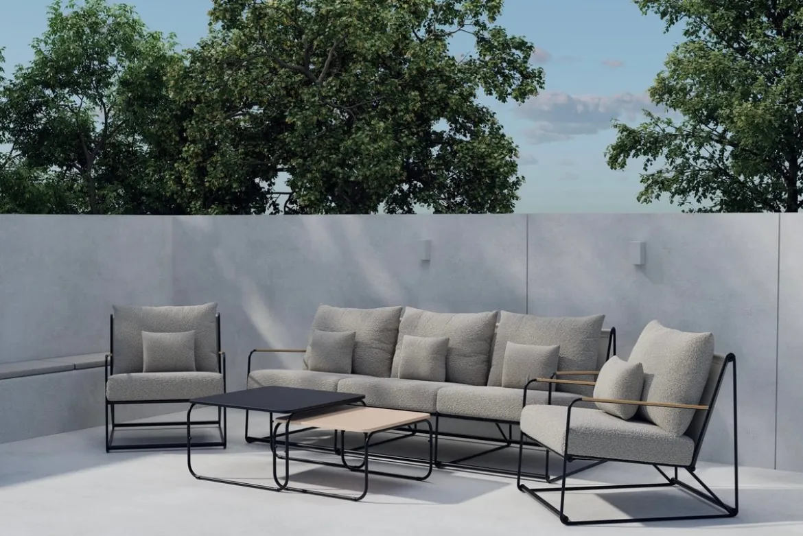 Garten Loungeset Nivo – 5-teiliges Set mit beigen Bouclé-Kissen