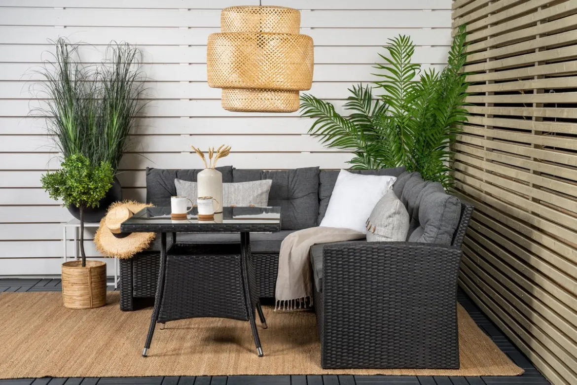 Garten Loungeset Olivia – mit Ecksofa & Glas-Couchtisch in zwei Farben
