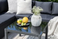 Garten Loungeset Ravello – Ecksofa-Set aus Polyrattan in Schwarz mit Glasplatte