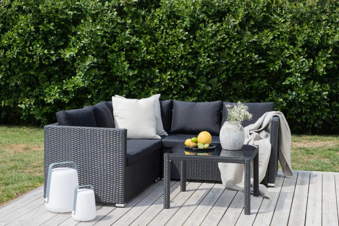 Garten Loungeset Ravello – Ecksofa-Set aus Polyrattan in Schwarz mit Glasplatte