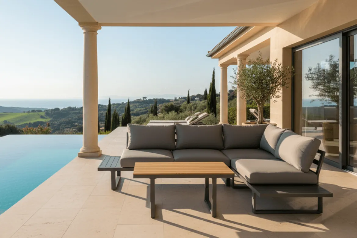 Garten Loungeset Santorin – Aluminium Ecksofa mit höhenverstellbarem Tisch