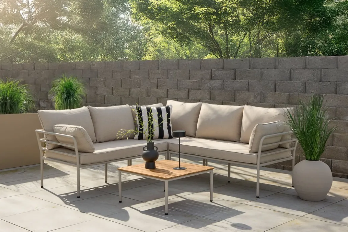 Garten Loungeset Sienna – 3-teiliges Outdoor-Sofa-Set in Beige mit Akazienholz-Tisch