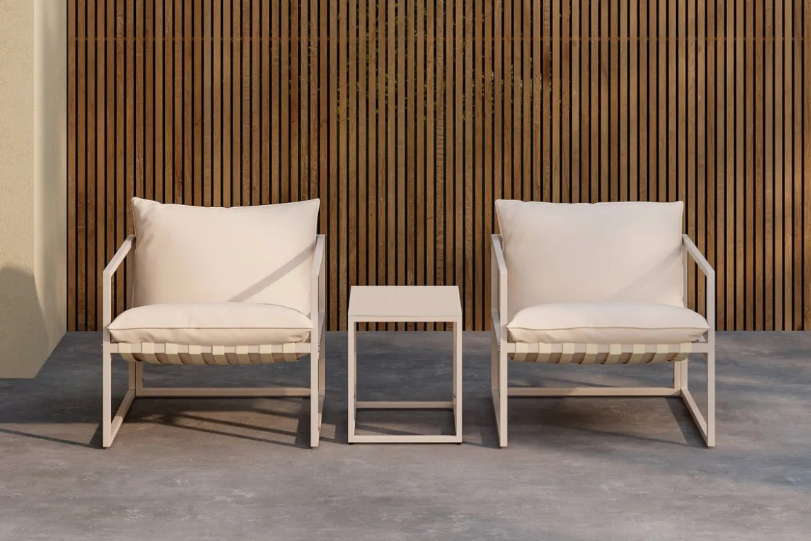 Garten Loungeset Valenza – 3-teiliges Outdoor-Set in Beige mit Glastisch