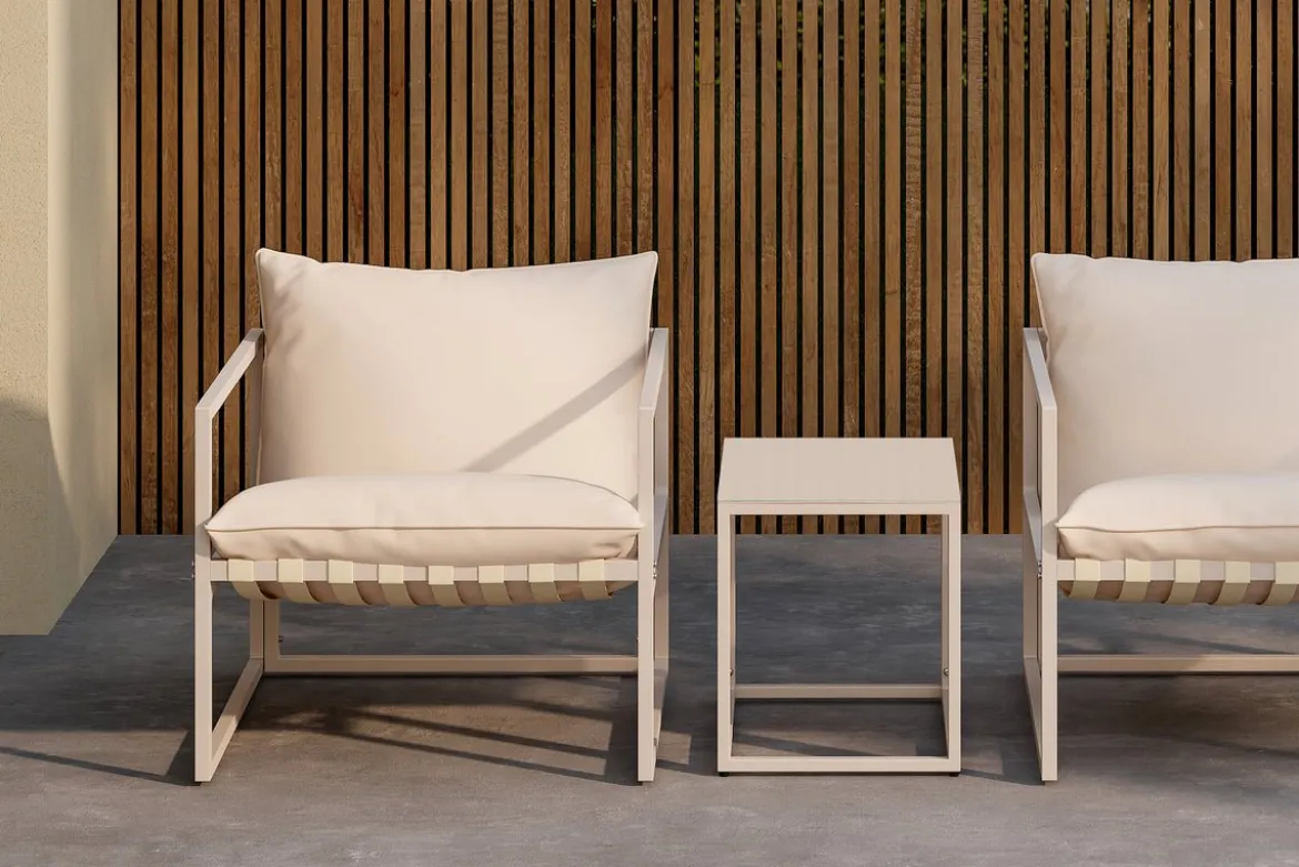 Garten Loungeset Valenza – 3-teiliges Outdoor-Set in Beige mit Glastisch