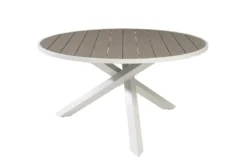 Gartentisch Alani - ein runder Esstisch mit Aintwoodtischplatte und einem Metallgestell