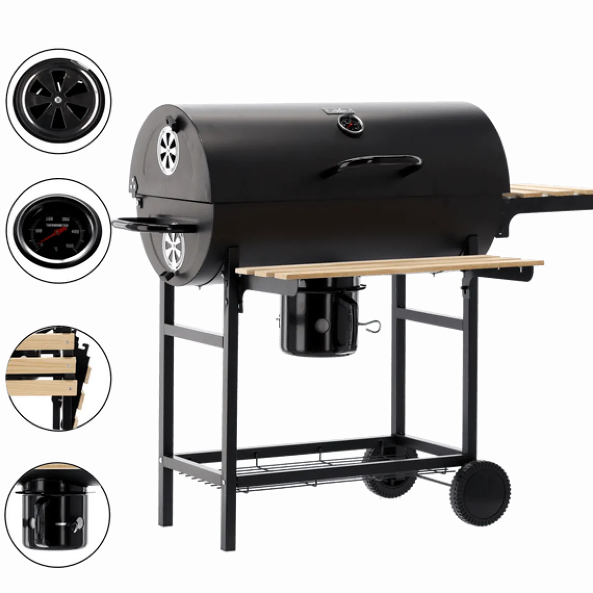 Holzkohlegrill BarrelPro – Grillwagen mit Deckel, Thermometer & Ablagen