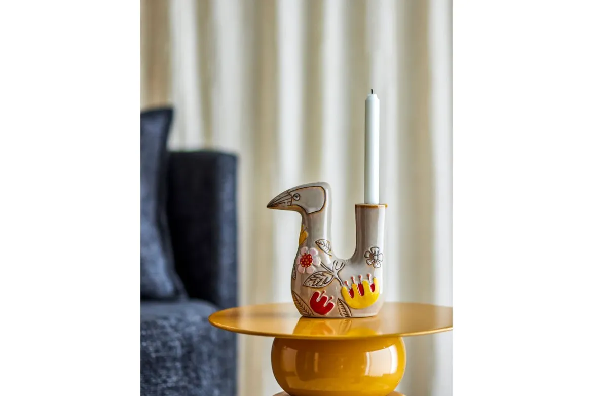 Kerzenhalter Aviya – Handbemalte Vogelfigur mit floralen Details