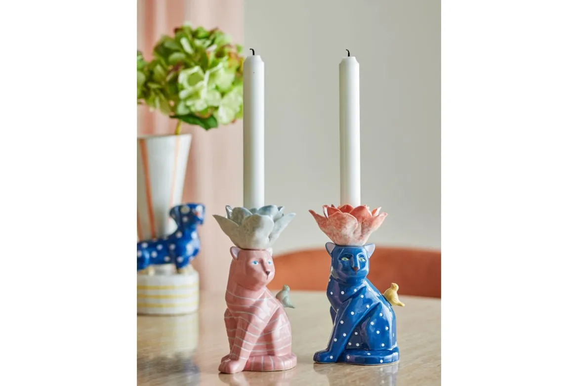 Kerzenhalter Felinea – Katzenmotiv mit reaktiver Glasur (2er-Set)