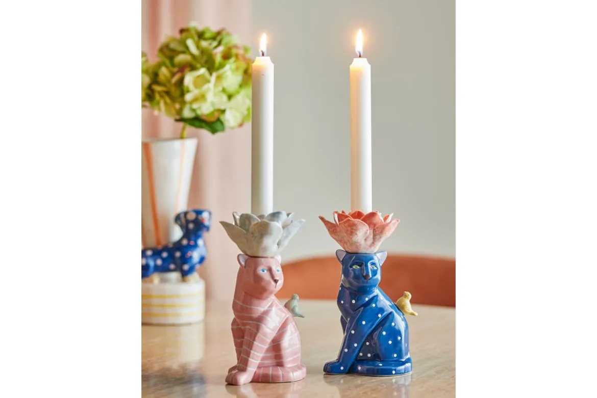 Kerzenhalter Felinea – Katzenmotiv mit reaktiver Glasur (2er-Set)
