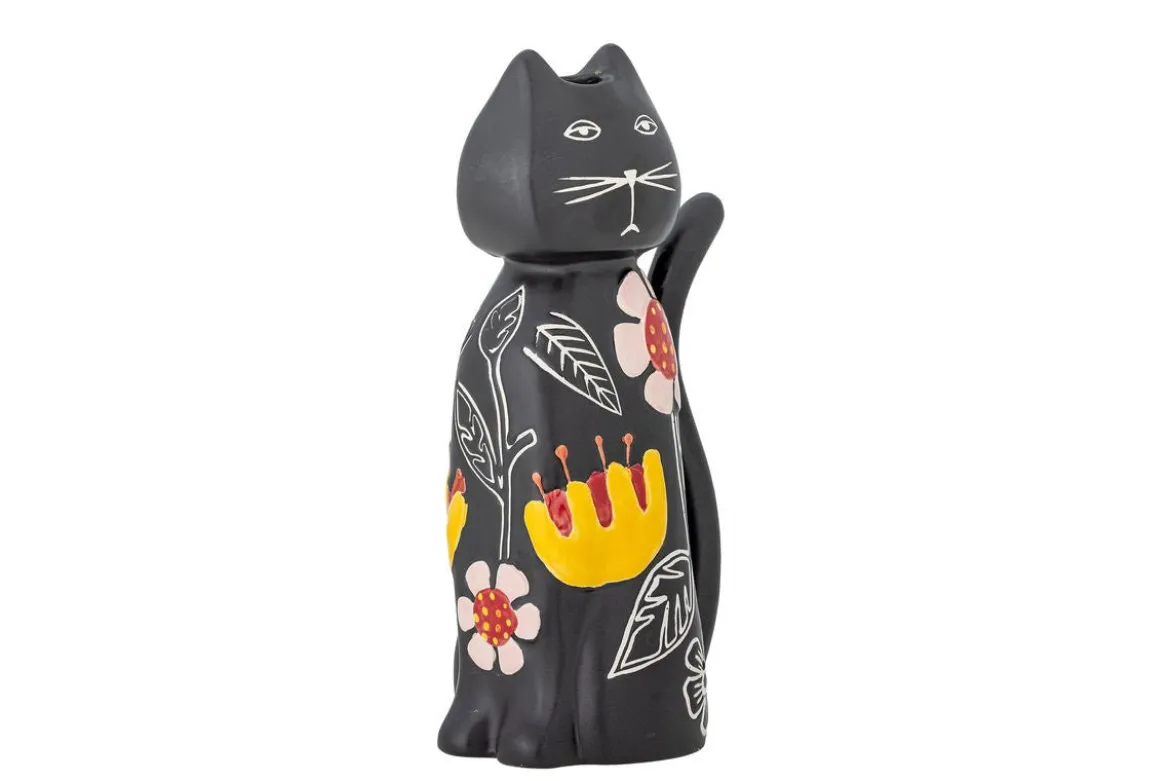 Kerzenhalter Nera – Handbemalte Katzenfigur mit floralen Akzenten