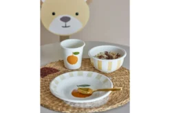 Kinder Geschirr-Set Anni – 3-teilig in Weiß mit Orangen & Streifen