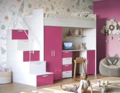 Kinderhochbett Dream Hochglanz – mit Schreibtisch, viel Stauraum & Matratze