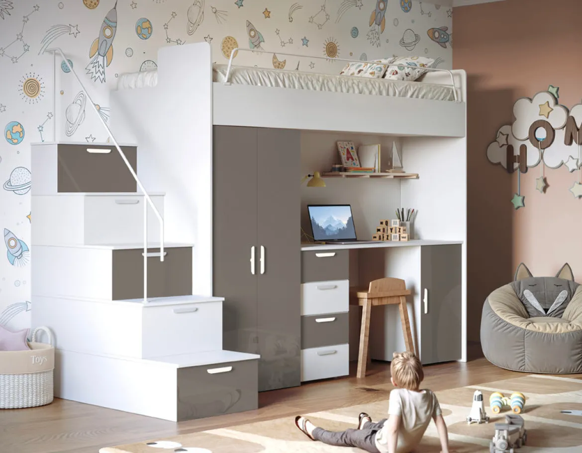 Kinderhochbett Dream Hochglanz – mit Schreibtisch, viel Stauraum & Matratze
