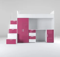 Kinderhochbett Dream Hochglanz – mit Schreibtisch, viel Stauraum & Matratze