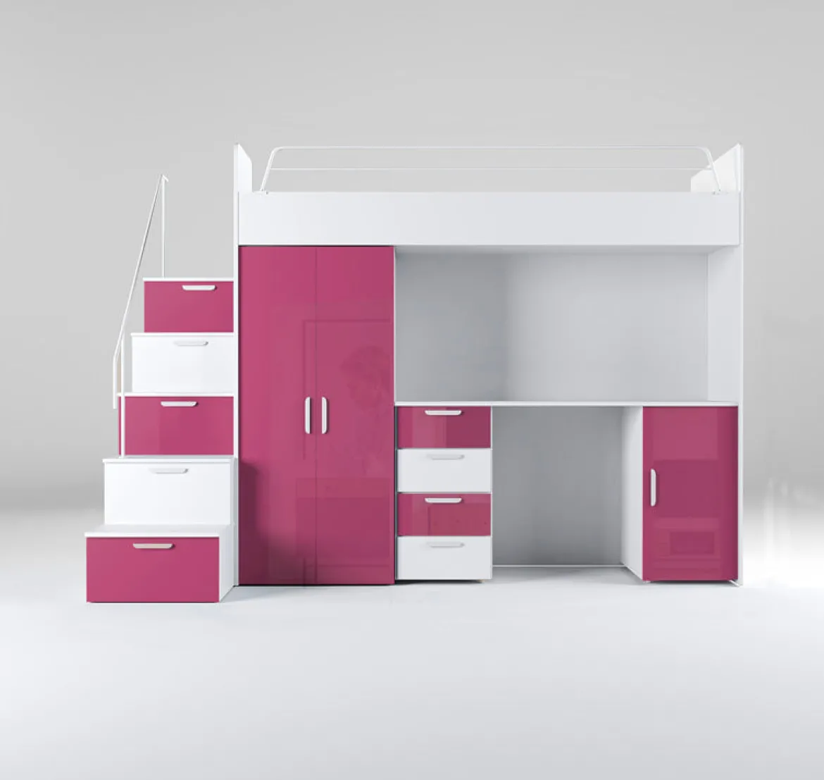 Kinderhochbett Dream Hochglanz – mit Schreibtisch, viel Stauraum & Matratze