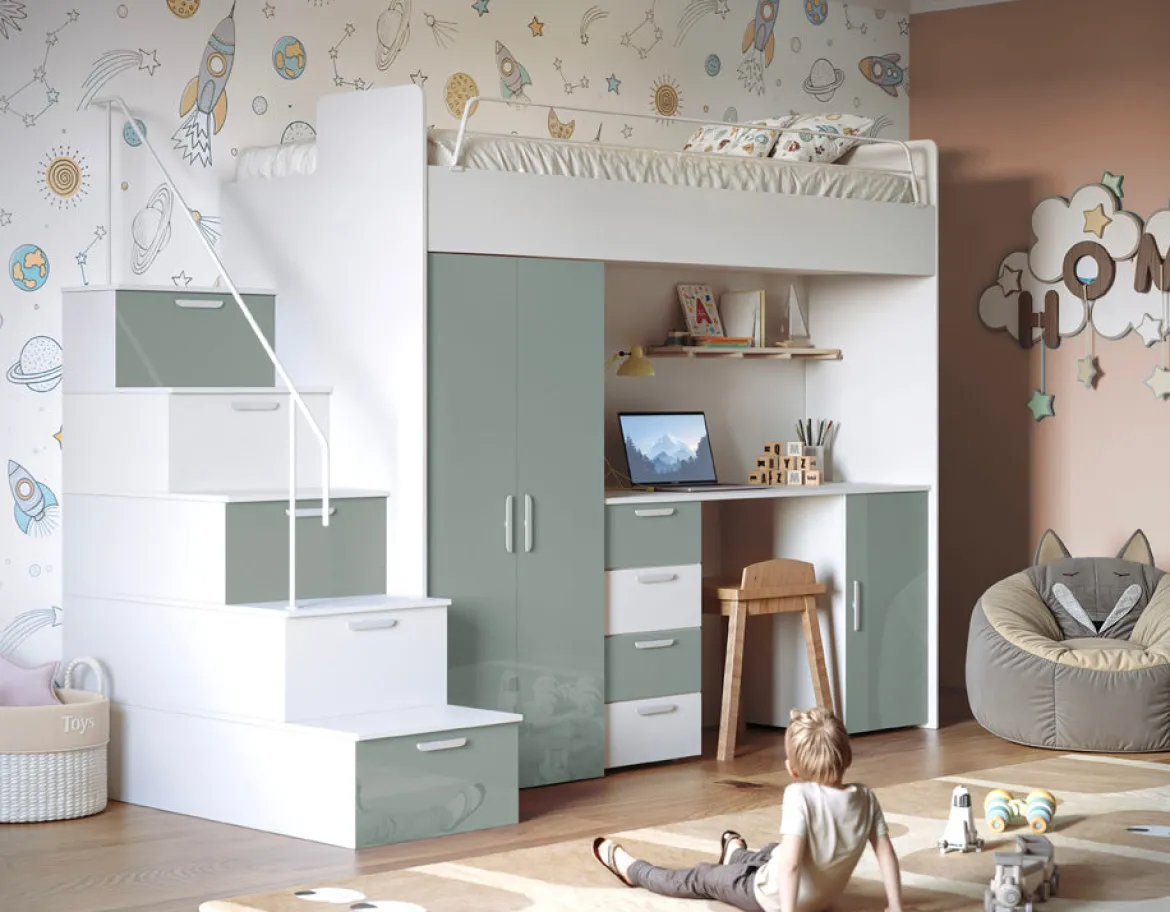Kinderhochbett Dream Hochglanz – mit Schreibtisch, viel Stauraum & Matratze