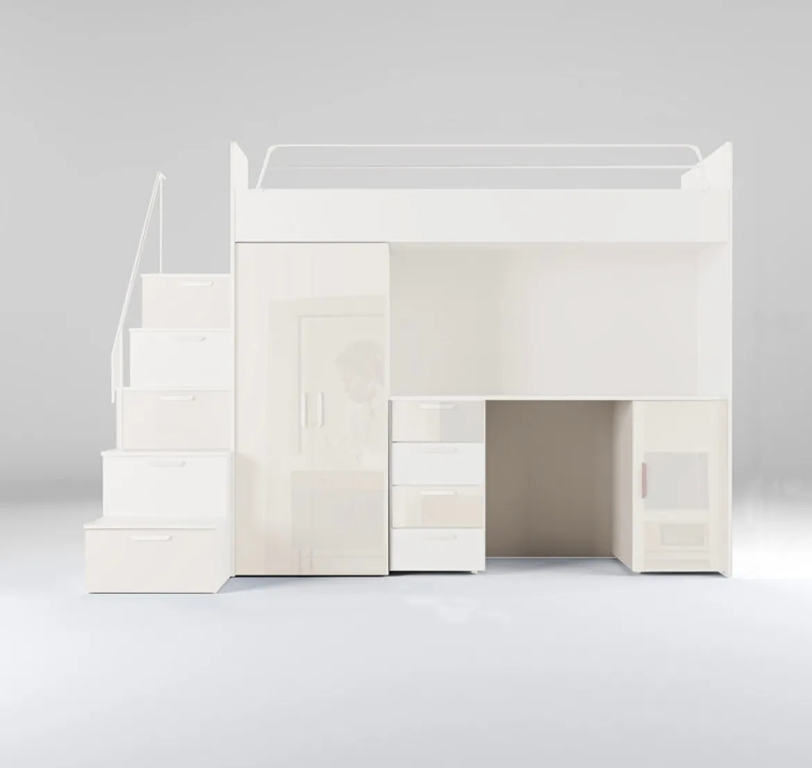 Kinderhochbett Dream Hochglanz – mit Schreibtisch, viel Stauraum & Matratze
