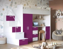 Kinderhochbett Dream Hochglanz – mit Schreibtisch, viel Stauraum & Matratze