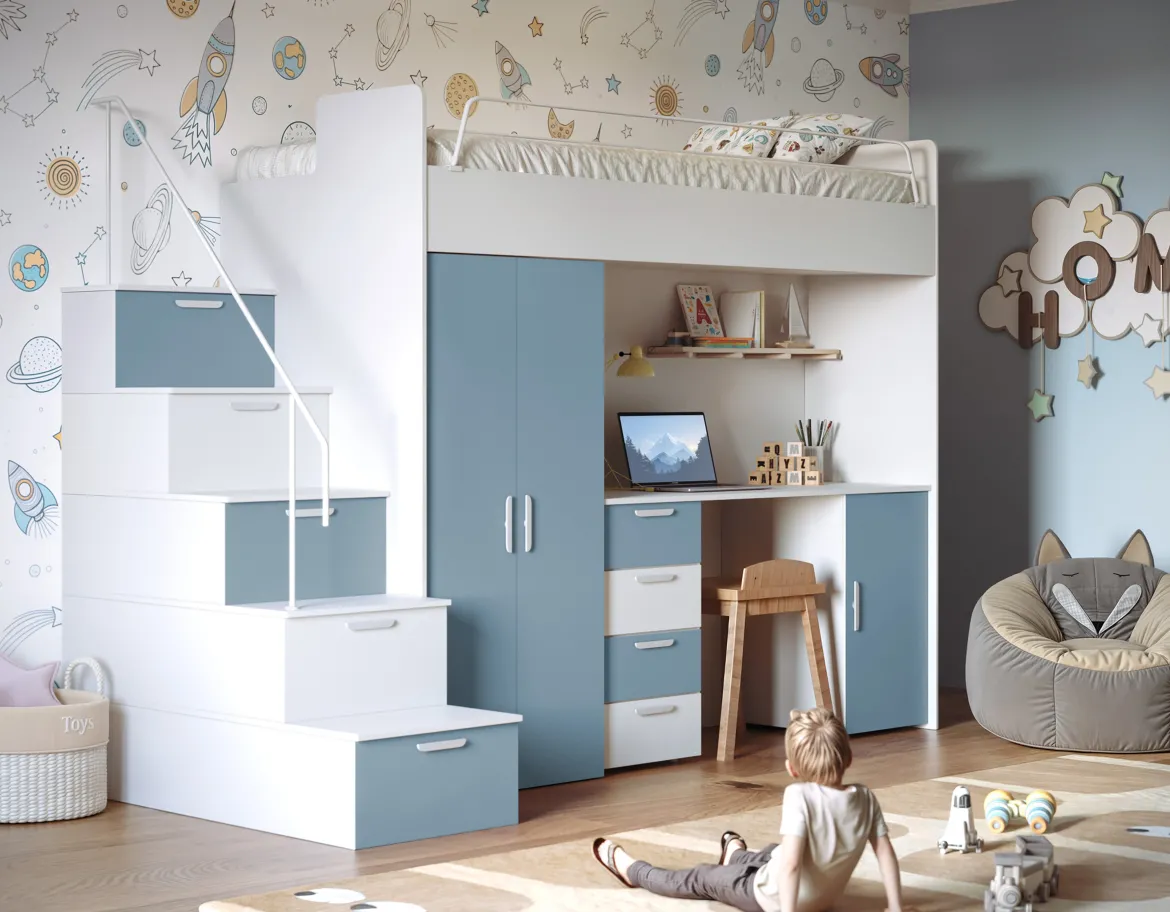 Kinderhochbett Dream Matt – mit Schreibtisch, viel Stauraum & Matratze