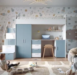 Kinderhochbett Dream Matt – mit Schreibtisch, viel Stauraum & Matratze