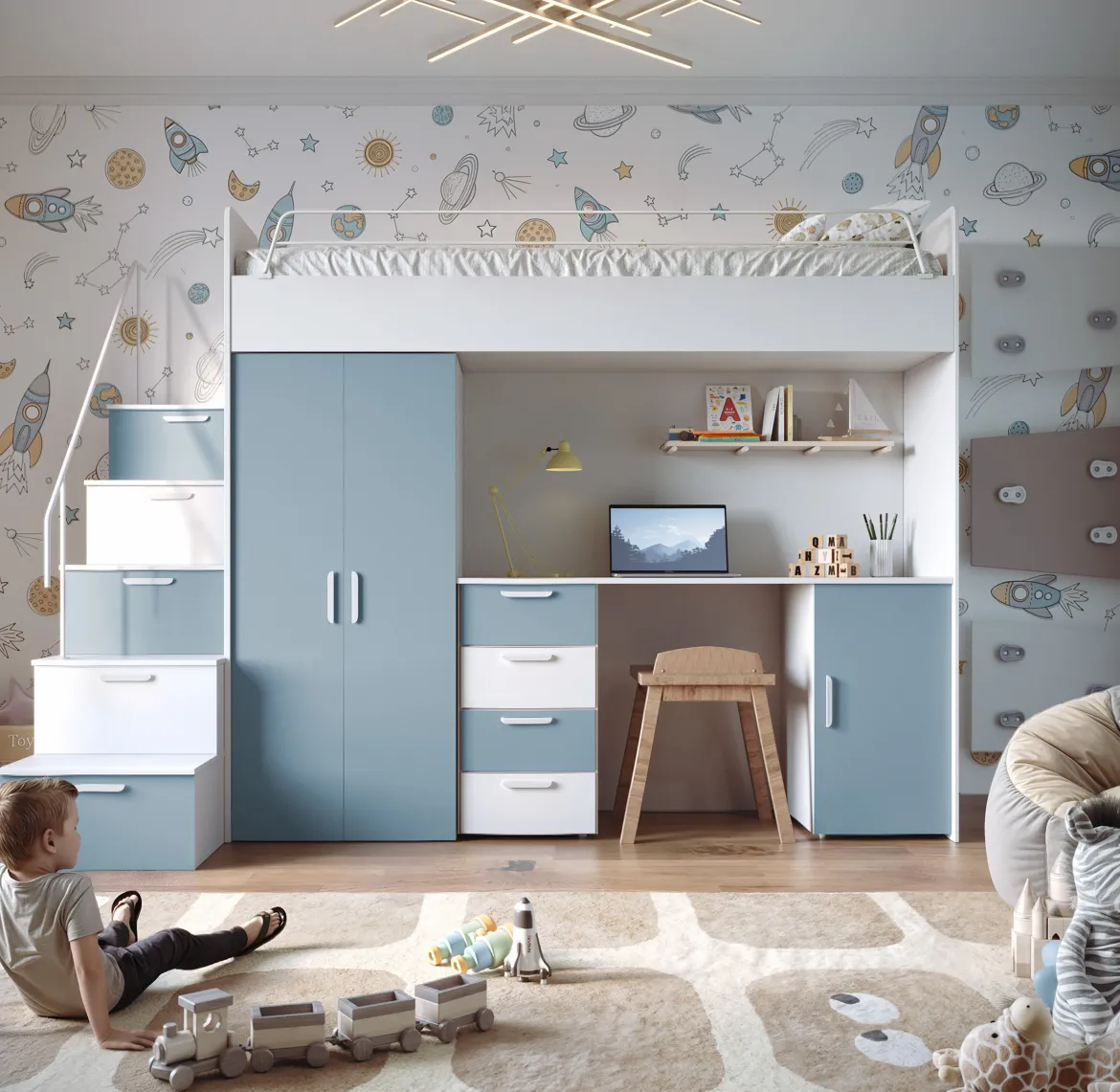 Kinderhochbett Dream Matt – mit Schreibtisch, viel Stauraum & Matratze