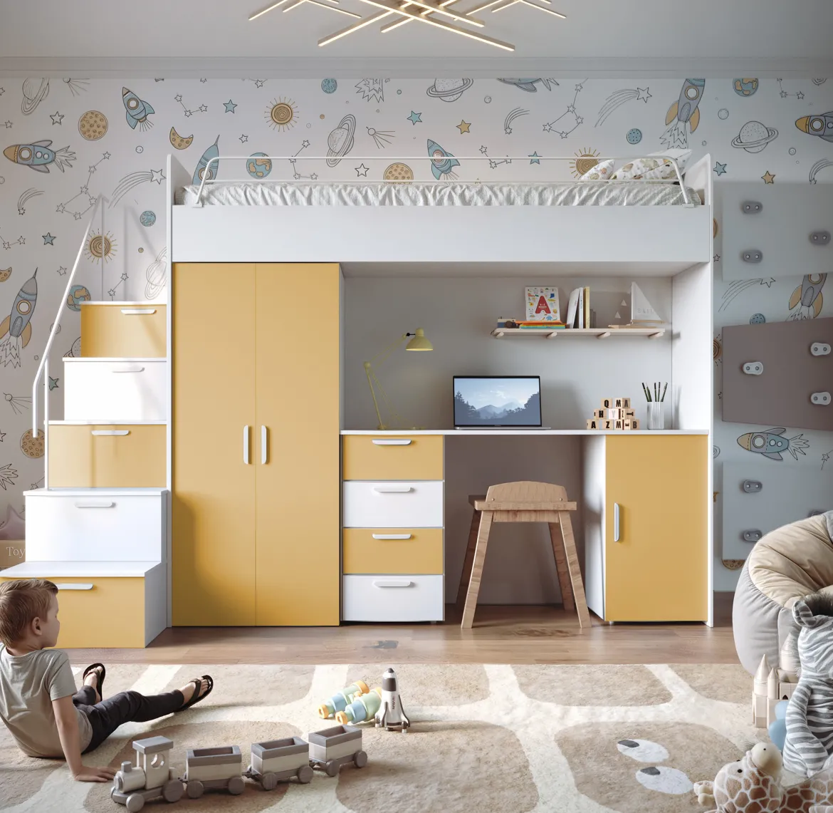 Kinderhochbett Dream Matt – mit Schreibtisch, viel Stauraum & Matratze