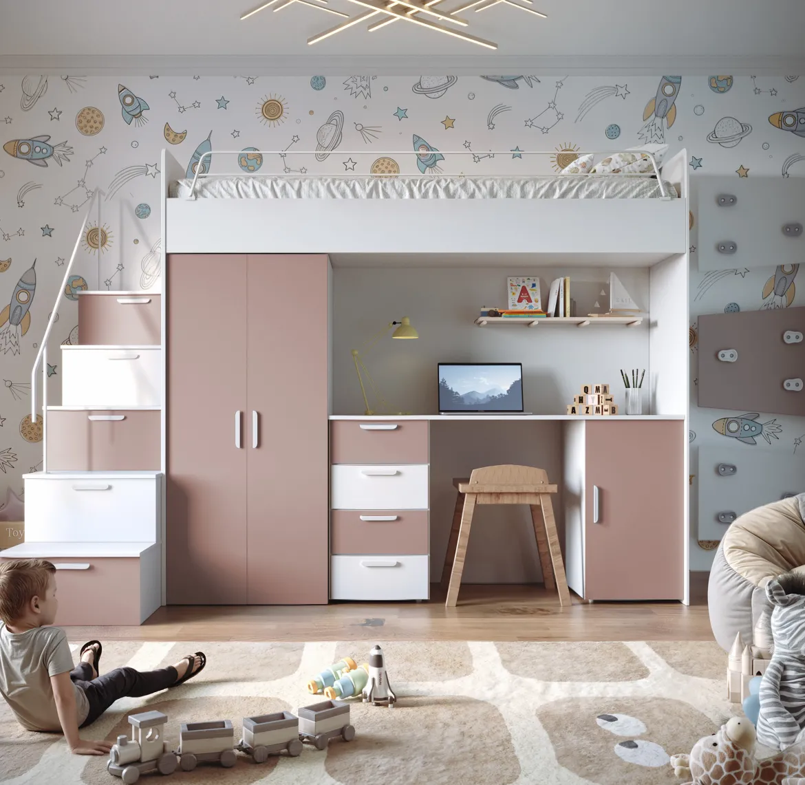 Kinderhochbett Dream Matt – mit Schreibtisch, viel Stauraum & Matratze
