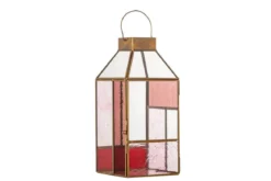 Laterne Amara – Roséfarbenes Glas mit messingfarbenem Rahmen