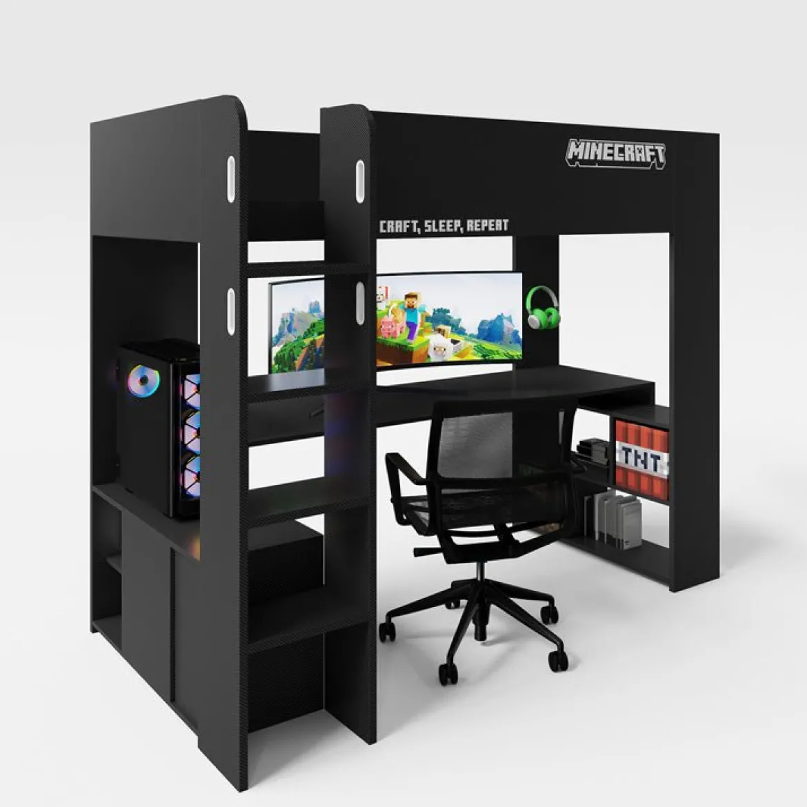 Minecraft Gaming-Hochbett „BaseCamp“ mit Schreibtisch & Regal