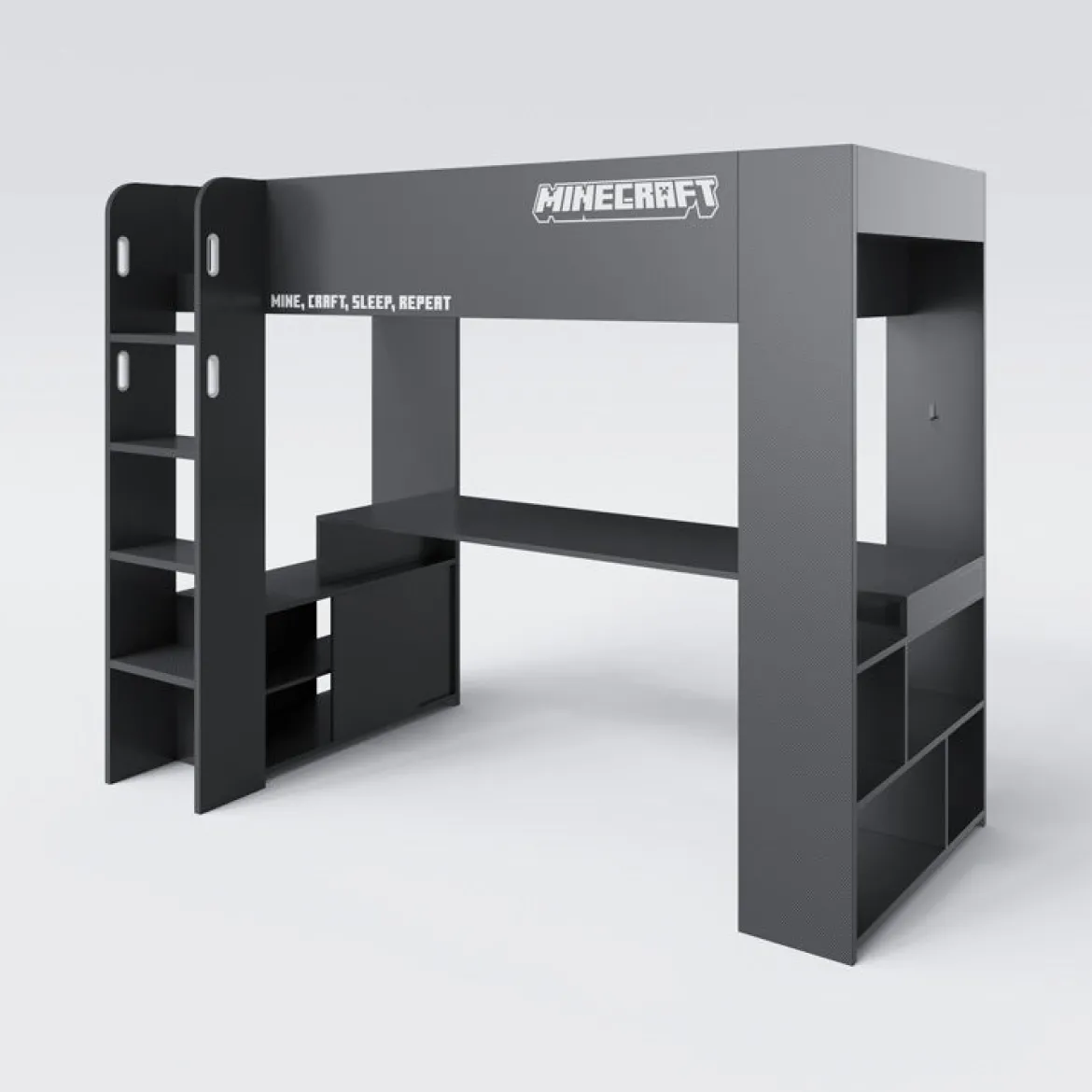 Minecraft Gaming-Hochbett „BaseCamp“ mit Schreibtisch & Regal