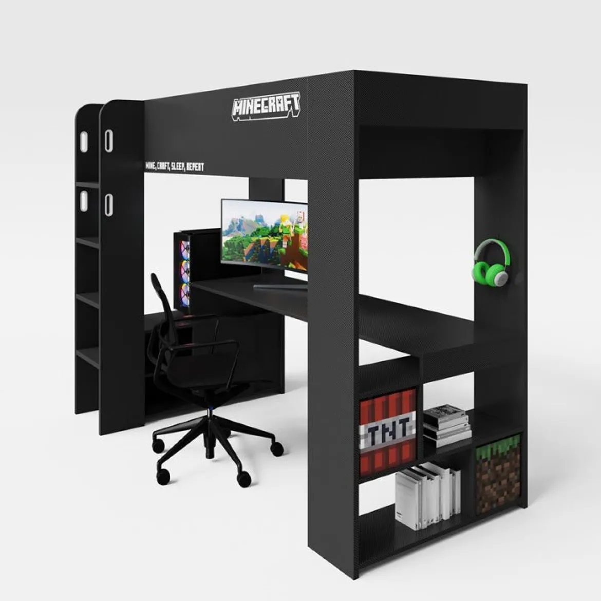 Minecraft Gaming-Hochbett „BaseCamp“ mit Schreibtisch & Regal