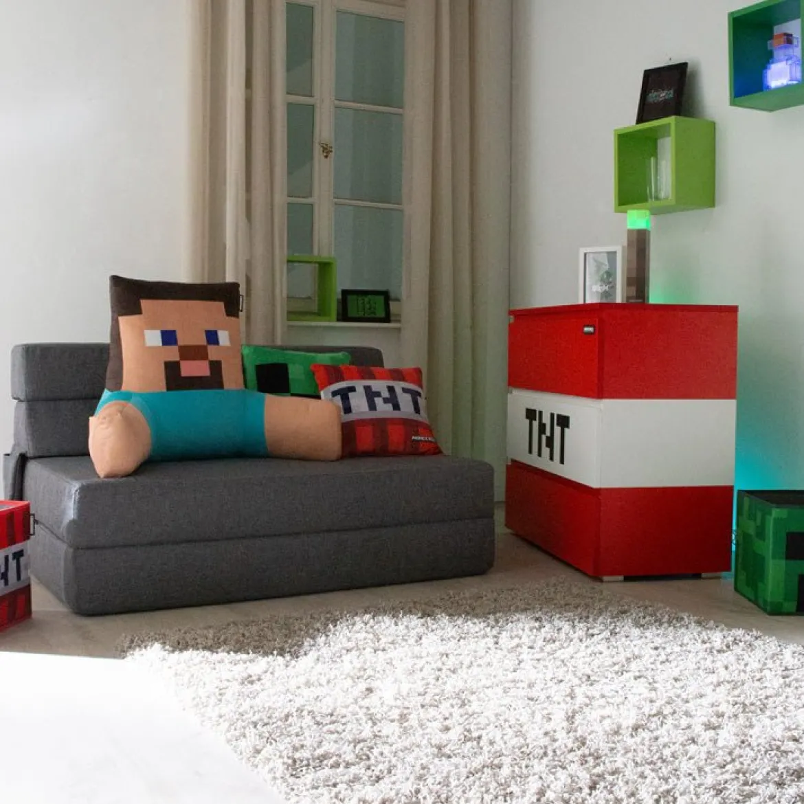 Minecraft Klappsofa „SleepCube“ – ausklappbar & passend zum Kinderbett