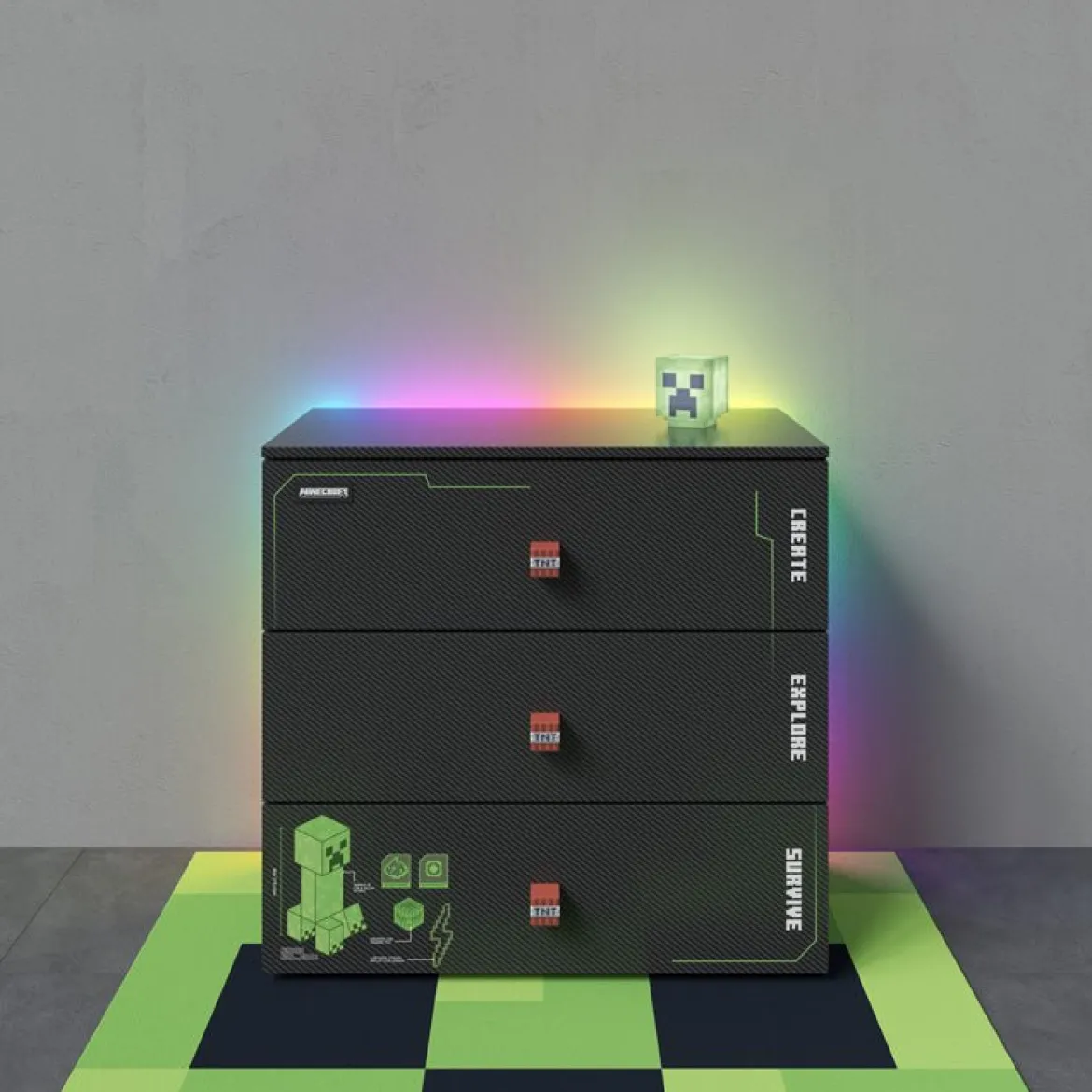 Minecraft Kommode „Creeper Chest“ – mit LED, Soft-Close & 3 Schubladen