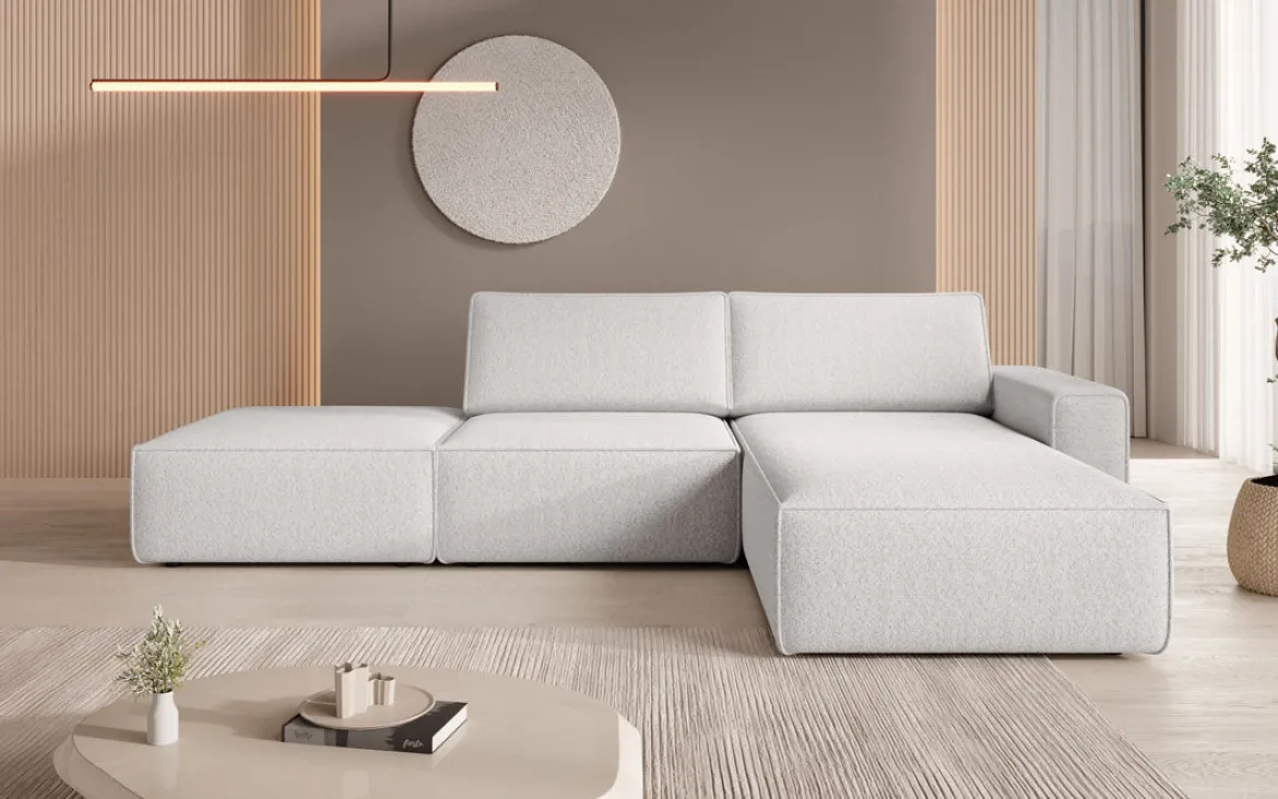 Modulares Ecksofa Yuma mit Beistellhocker aus Bouclé