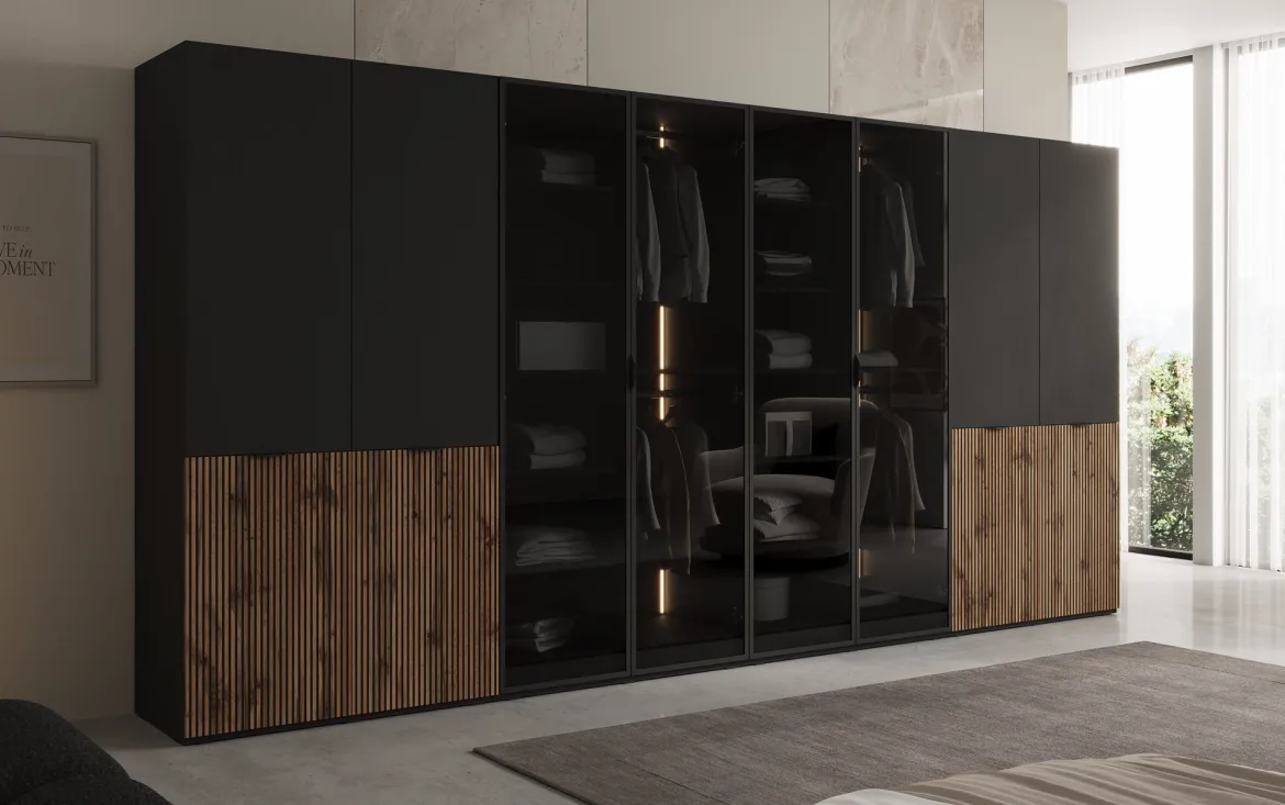 Moduro Arven XL – Viermoduliger Design-Kleiderschrank mit Holz- und Glasfront
